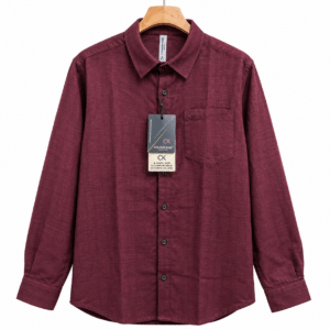 Maroon textured full sleeve shirt for men with classic collar and chest pocket